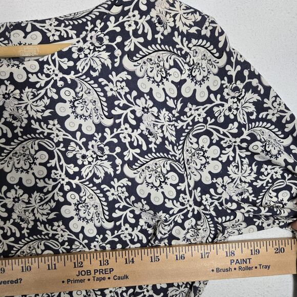Loft Belted Top Sz S Blue White Floral Print Back Keyhole Long Sleeve Button - Picture 10 of 13